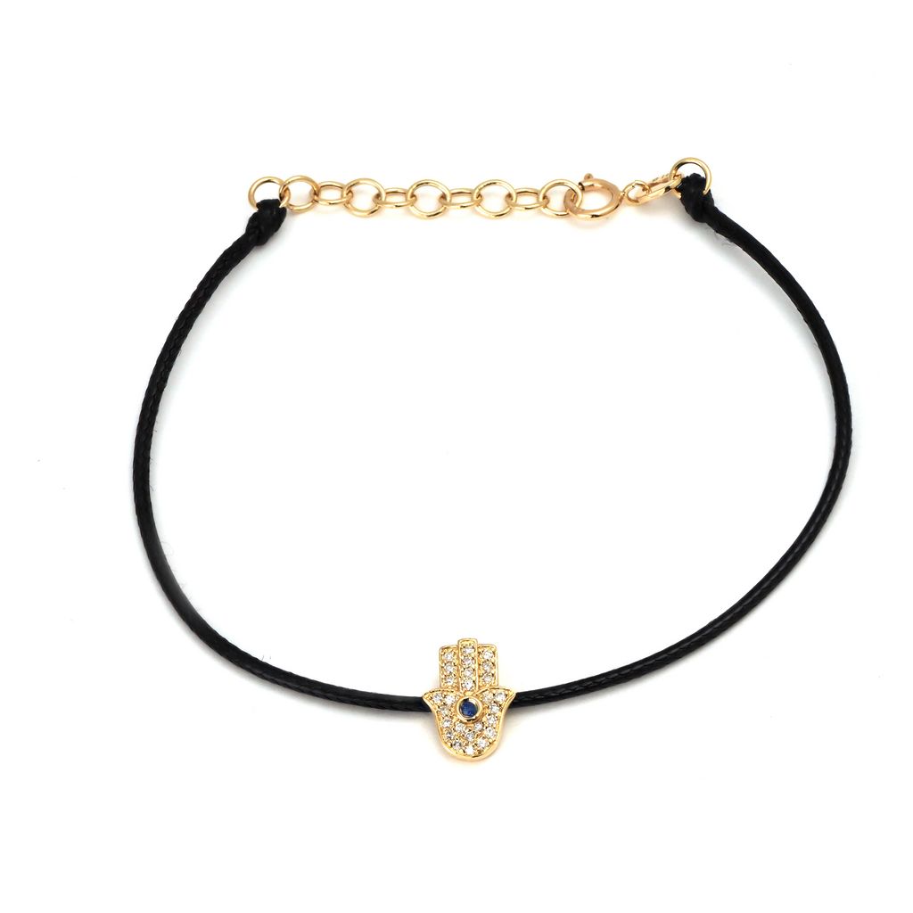 Pulsera con Dije de Mano, Zafiro y Diamantes en Cordón Negro