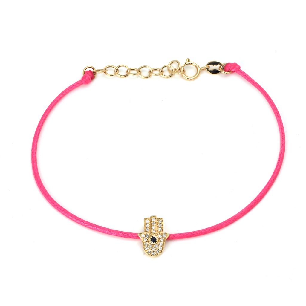 Pulsera con Dije de Mano, Zafiro y Diamantes en Cordón
