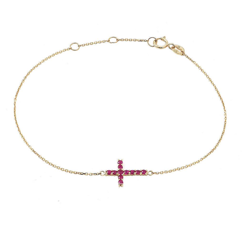 Pulsera Cruz con Rubí en Oro Amarillo