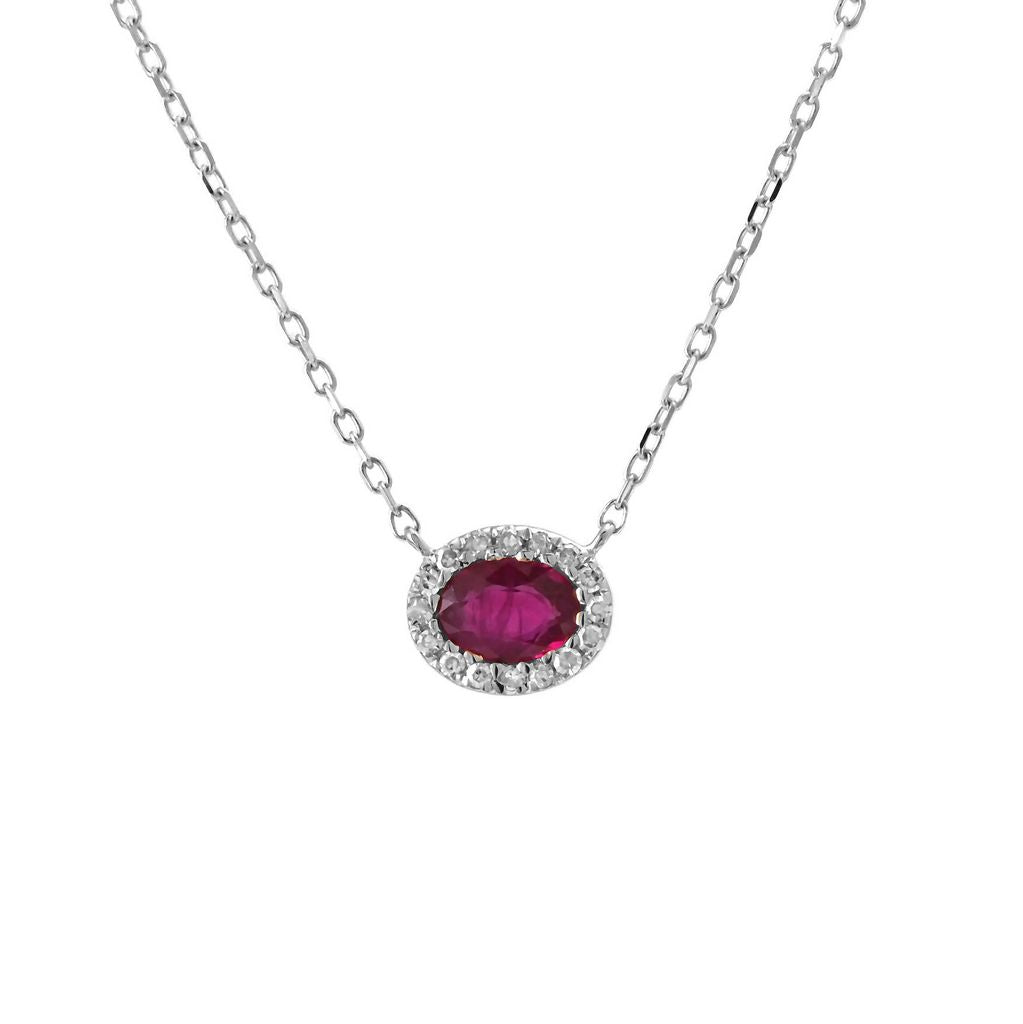 Collar oval con rubí y diamantes en oro blanco 14k