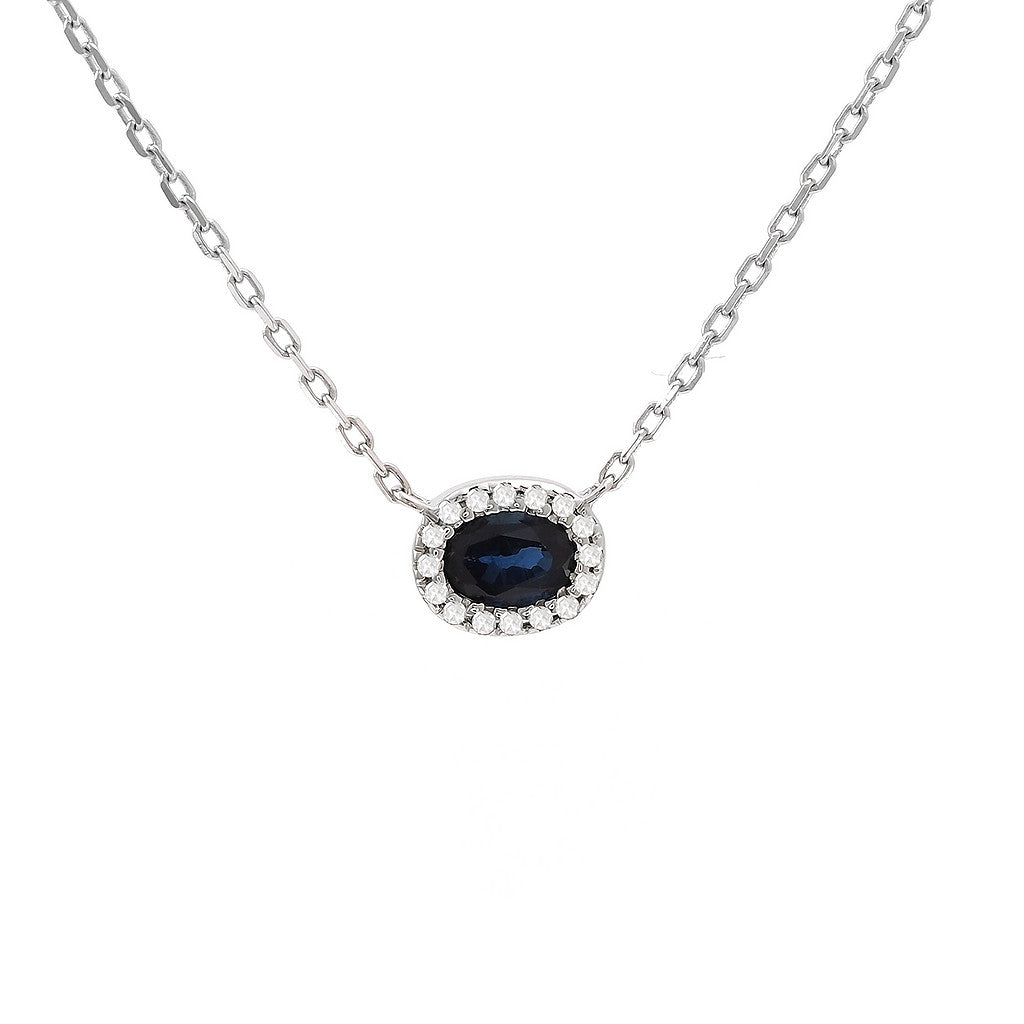 Collar oval con zafiro y diamantes en oro blanco 14k