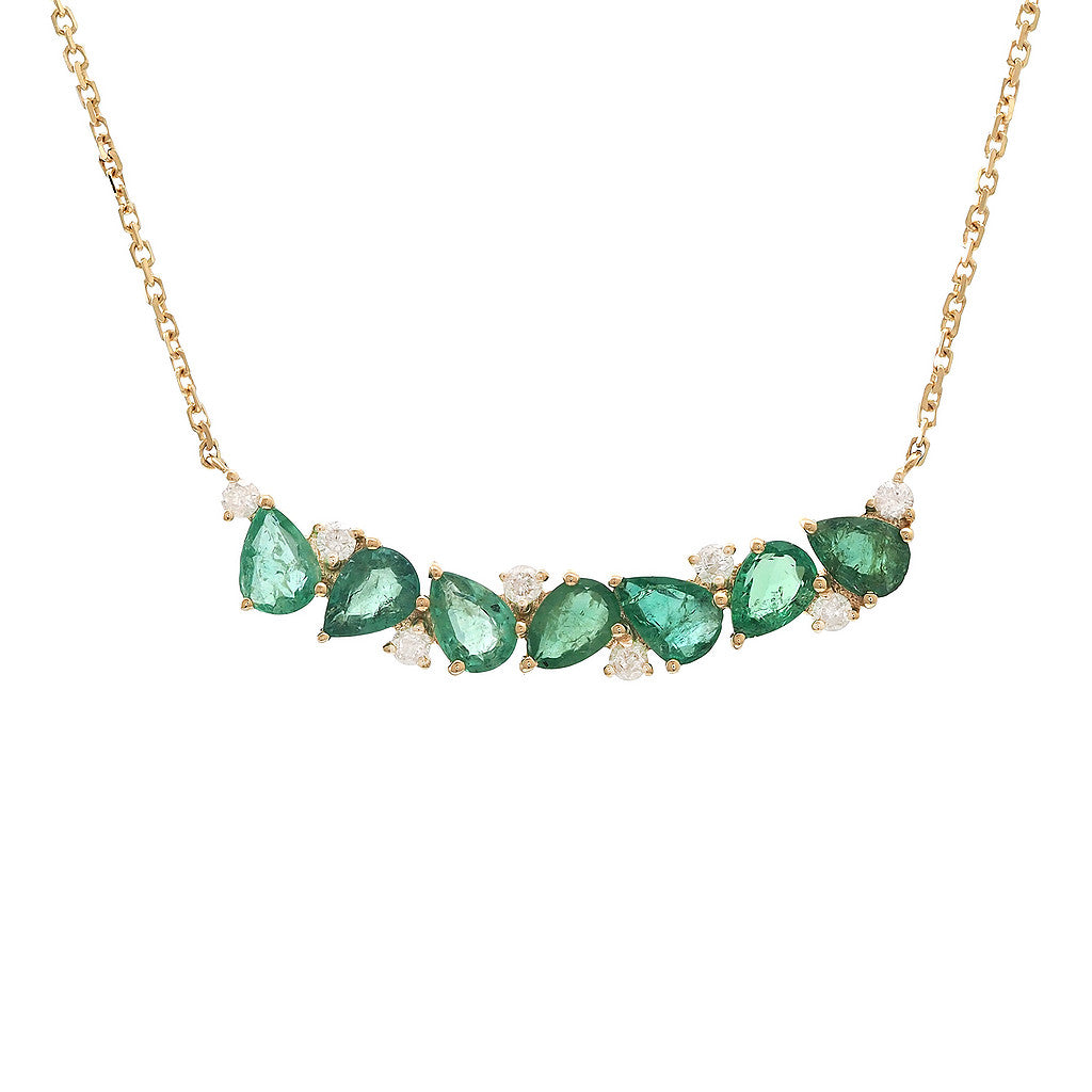 Collar Curved Bar Esmeraldas Naturales y Diamantes Corte Pera en Oro Amarillo 14k