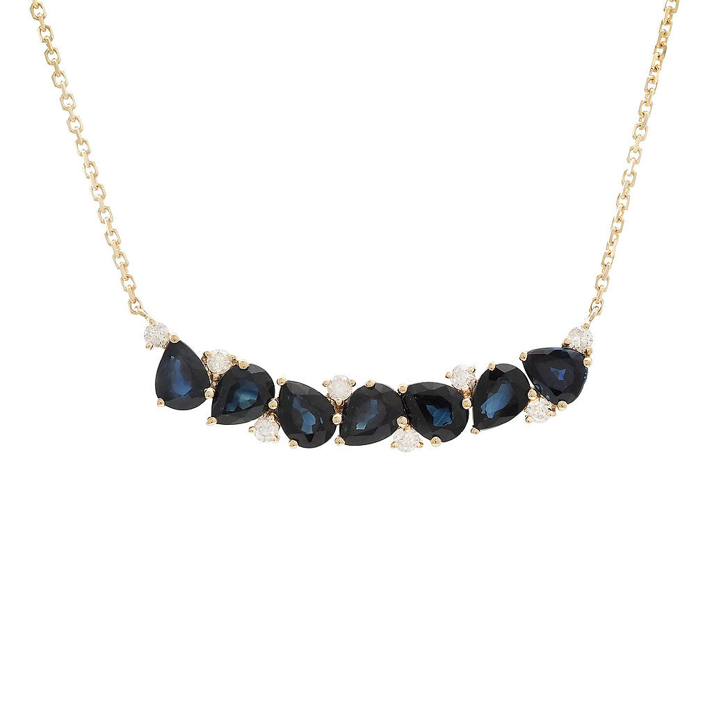 Collar Curved Bar Zafiros Naturales y Diamantes Corte Pera en Oro Amarillo 14k