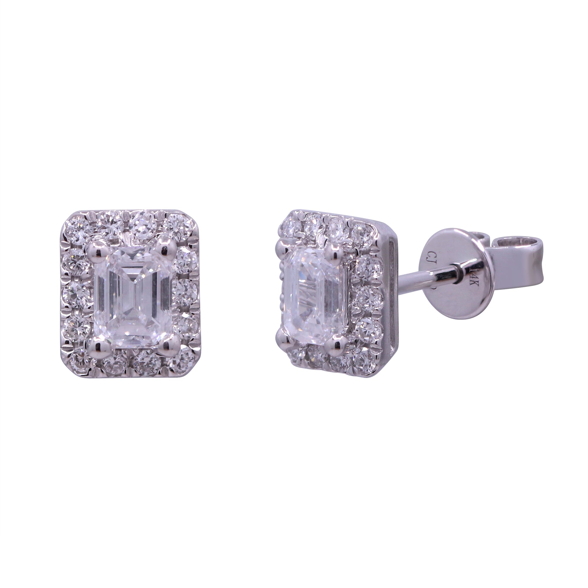Aretes Halo Diamante Lab Corte Esmeralda en Oro Blanco 14k