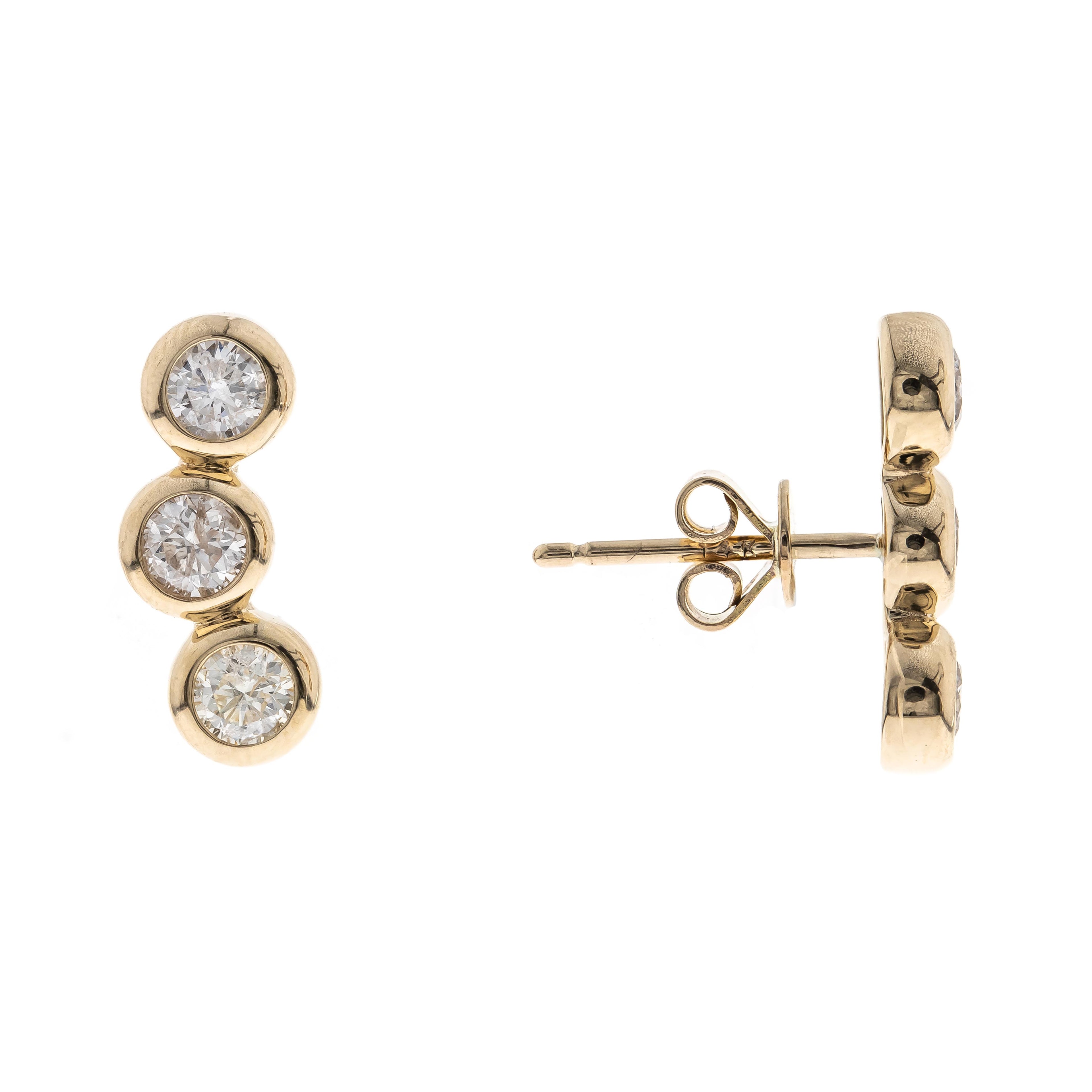 Aretes Tres Diamantes Naturales Bizel 0.77 ct en Oro Amarillo 14k