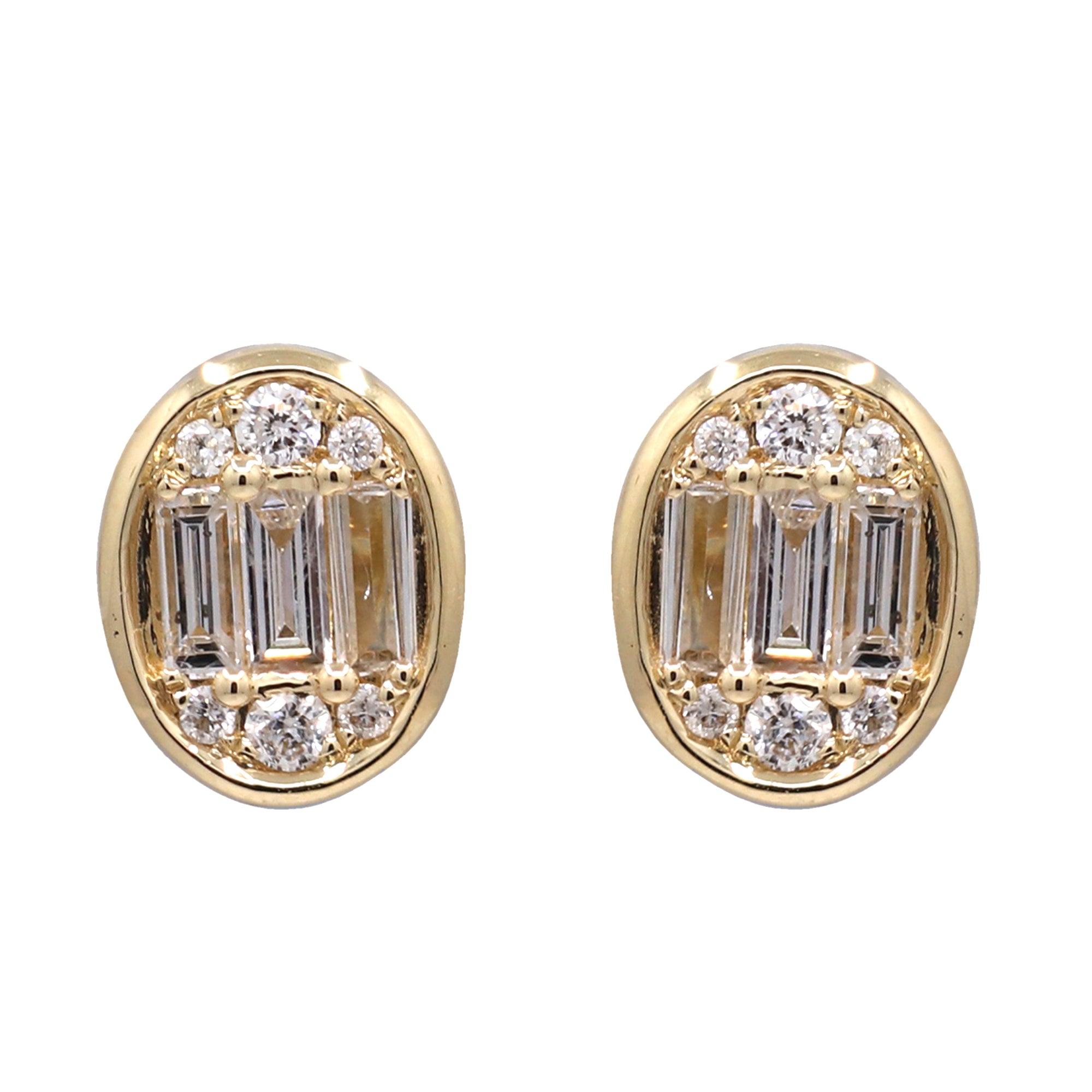 Aretes Oval Ilusión Diamantes Naturales Baguette y Redondos en Oro Amarillo 14k