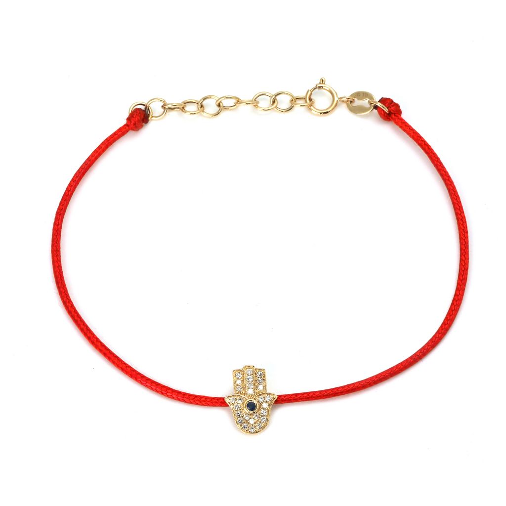 Pulsera Hamsa con Zafiro y Diamantes en Cordón, Oro Amarillo 14k