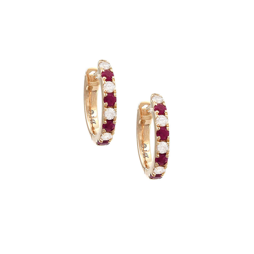 Aretes Huggie con Piedra de Color y Diamantes en Oro Amarillo 14k