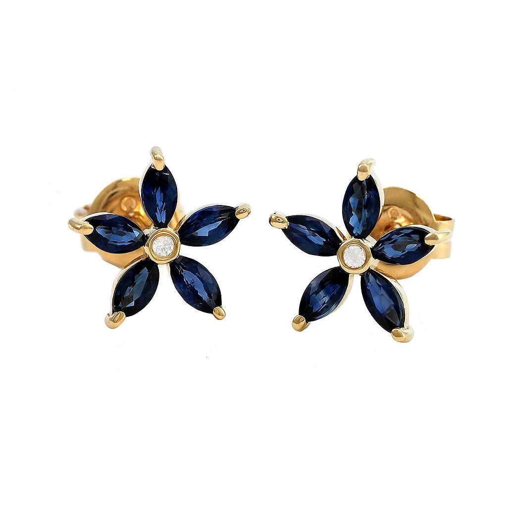 Aretes Flor con Zafiro y Diamante en Oro Amarillo 14k