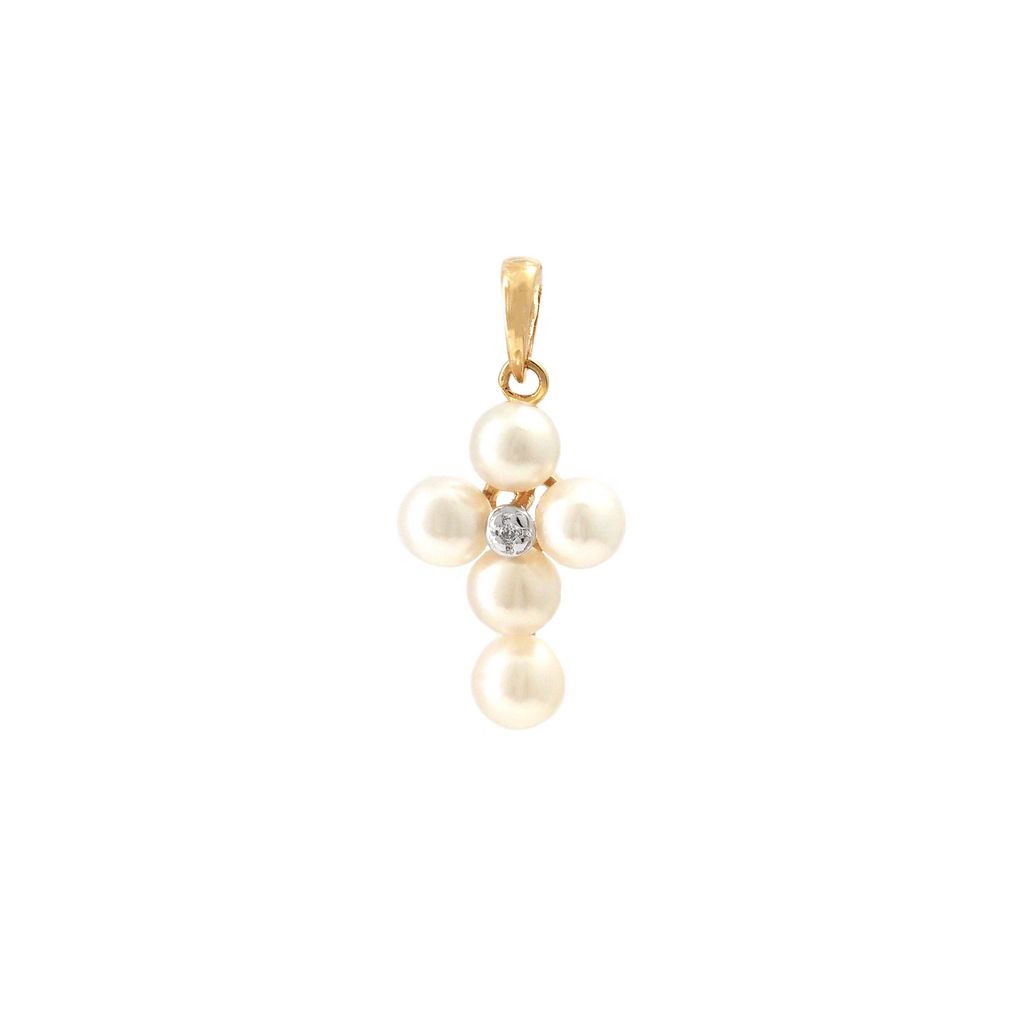Collar con Cruz de Perlas y Diamante en Oro 14k