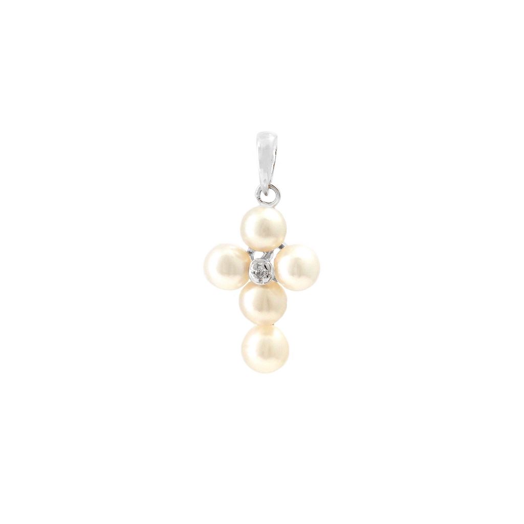 Collar con Cruz de Perlas y Diamante en Oro 14k
