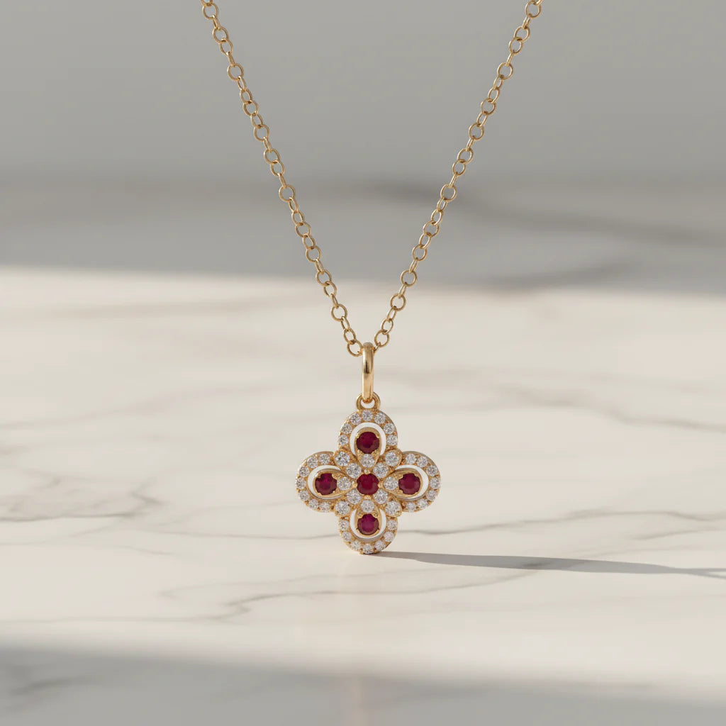 Charm Flor con Rubíes Naturales y Diamantes en Oro Sólido 14k