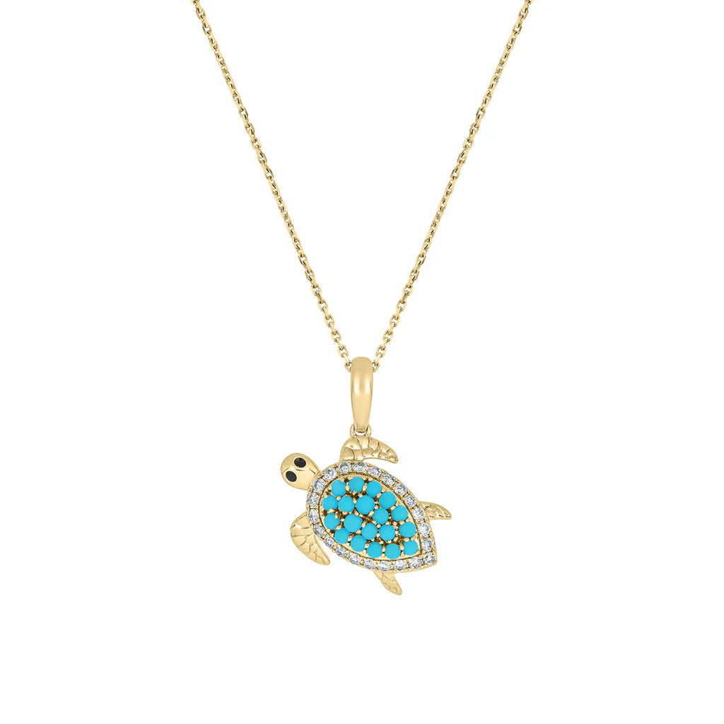 Charm Tortuga con Turquesa Natural y Diamantes en Oro Sólido 14k