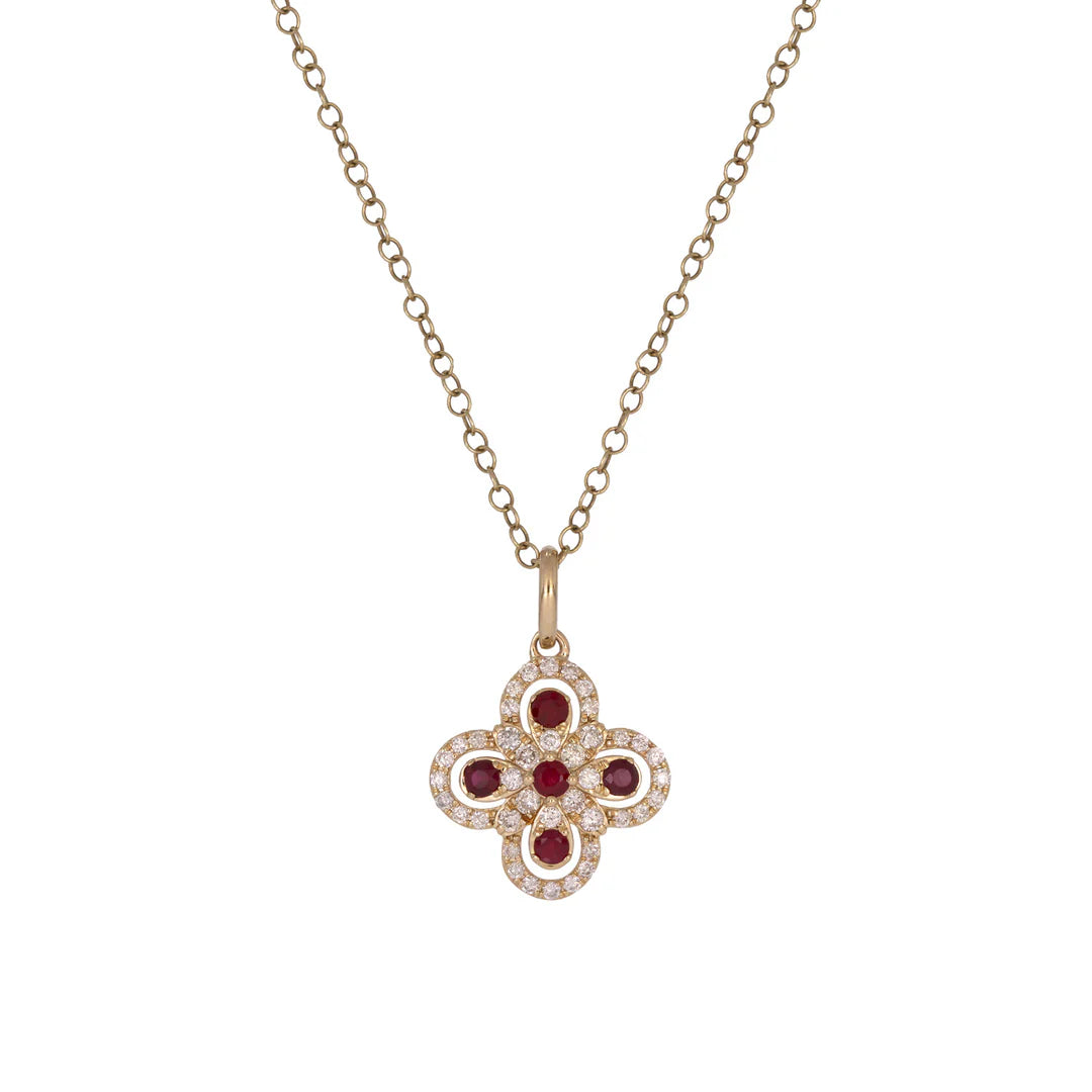 Charm Flor con Rubíes Naturales y Diamantes en Oro Sólido 14k